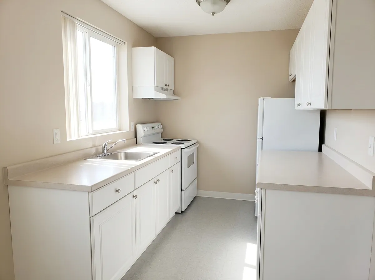 Cocina de apartamento con paredes beige y gabinetes blancos sin manchas de pintura