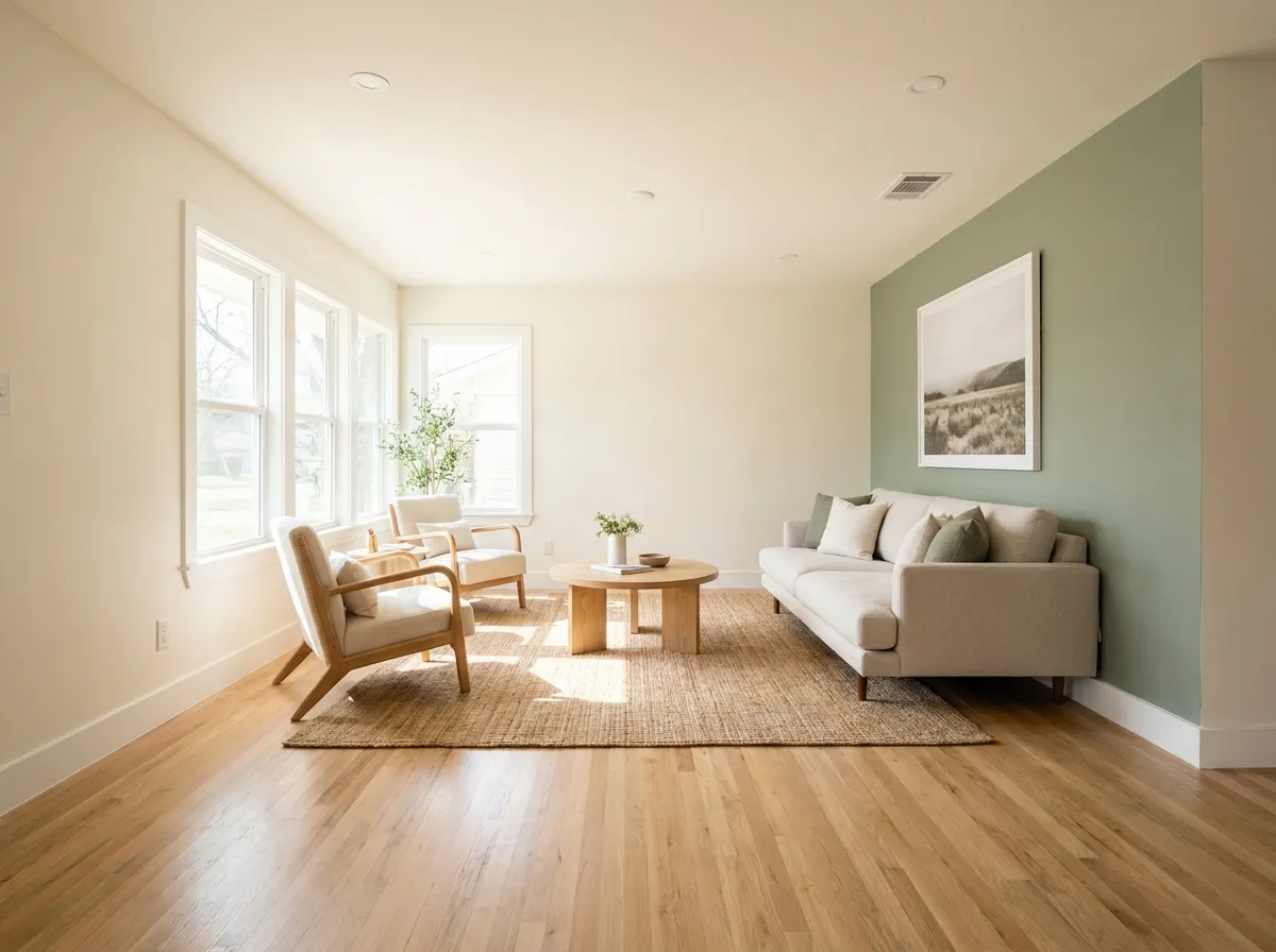Sala recién pintada en blanco cálido con una pared de acento verde salvia