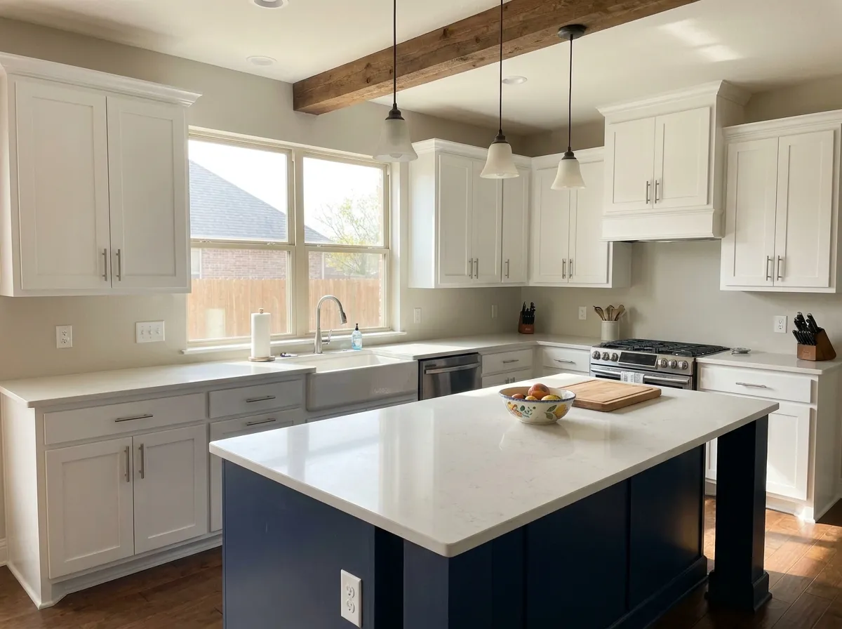 Cocina con gabinetes pintados de blanco y una isla azul marino