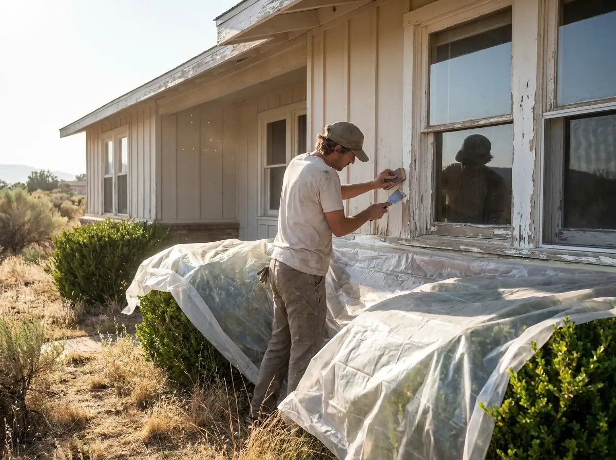 Pintor raspando pintura vieja de una moldura de madera con plástico protegiendo las plantas