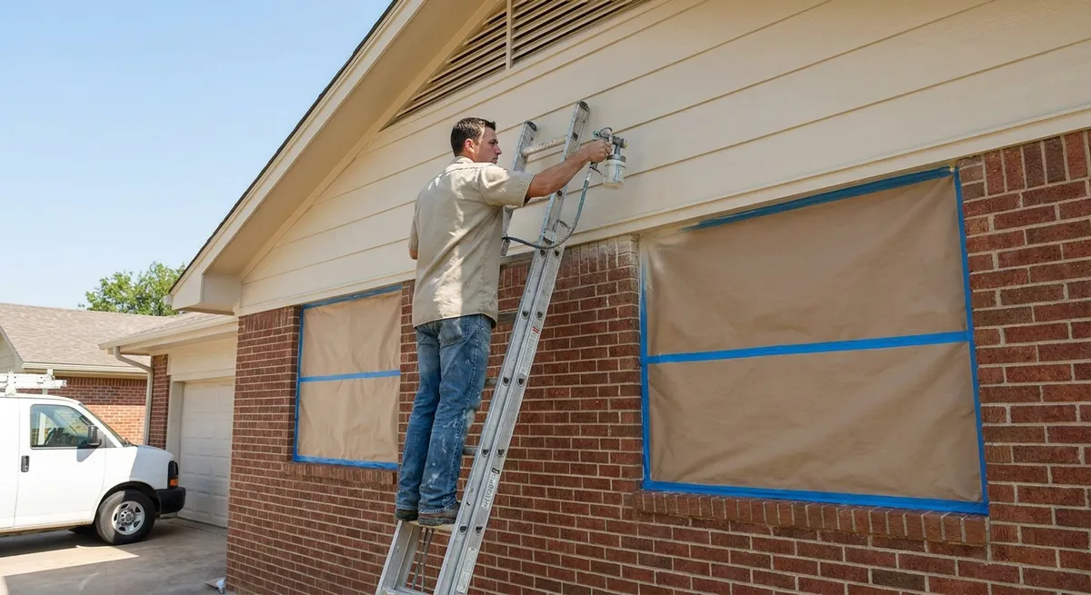 Pintor aplicando pintura al exterior de una casa de ladrillo en Texas con las ventanas protegidas