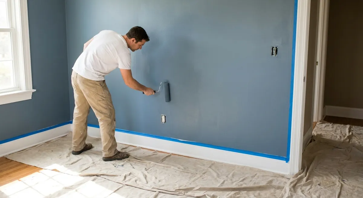 Pintor pintando la pared de una recámara con cinta protectora y pisos cubiertos