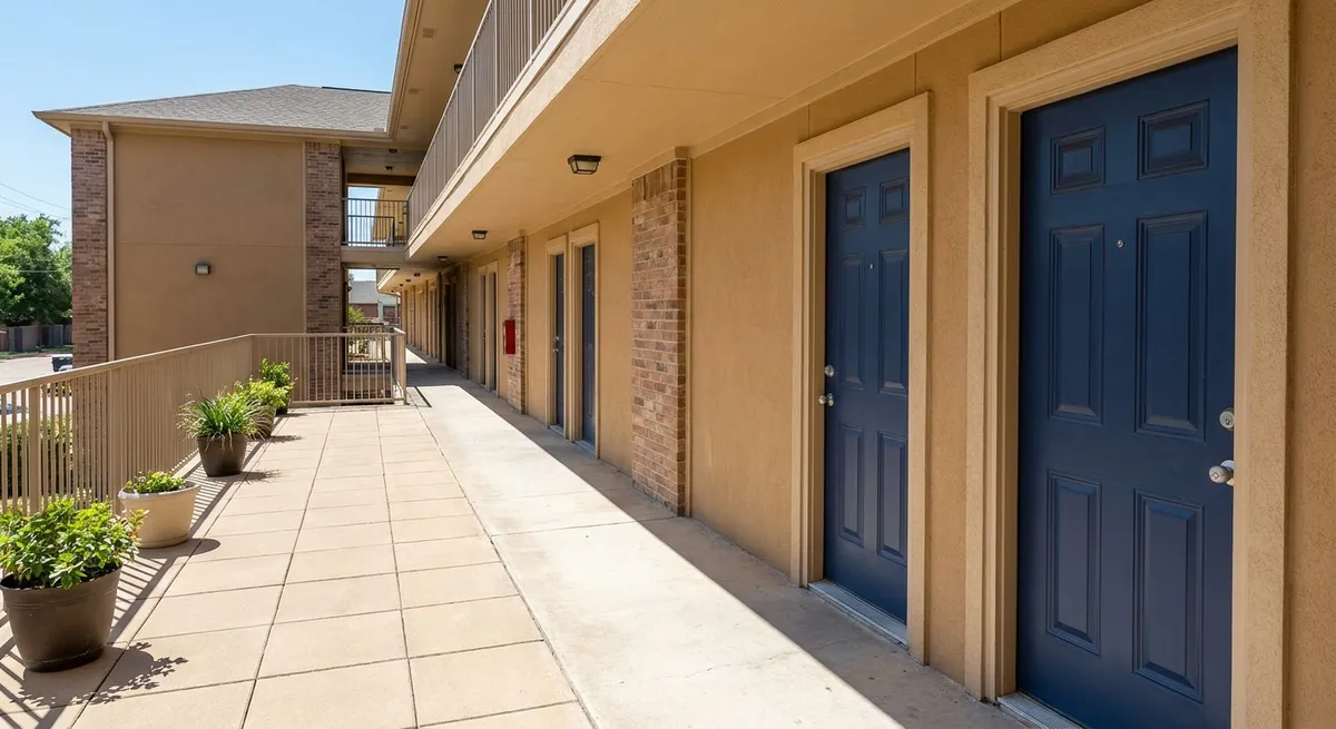 Pasillo exterior de un complejo de apartamentos con puertas azul marino recién pintadas