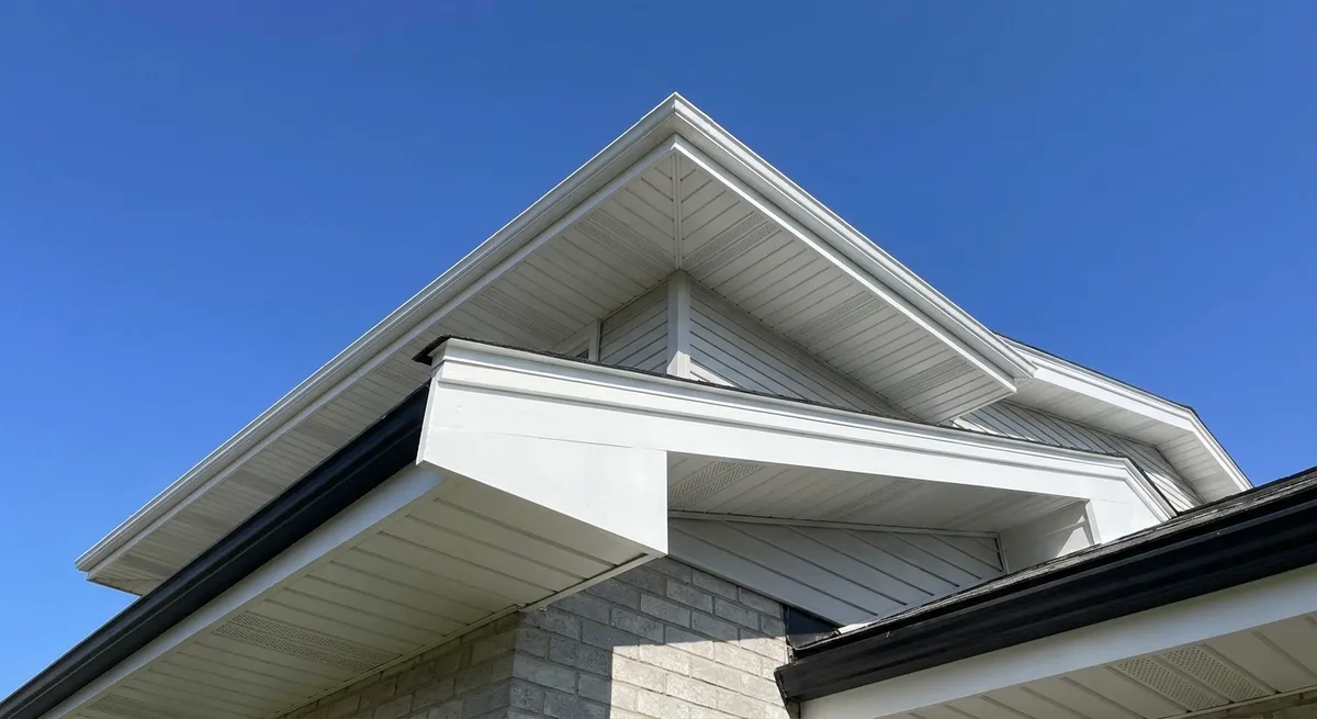 Fascia, sofito y aleros blancos recién pintados contra un cielo azul