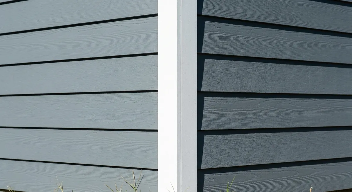 Pintura exterior de casas: siding gris azulado recién pintado con molduras blancas